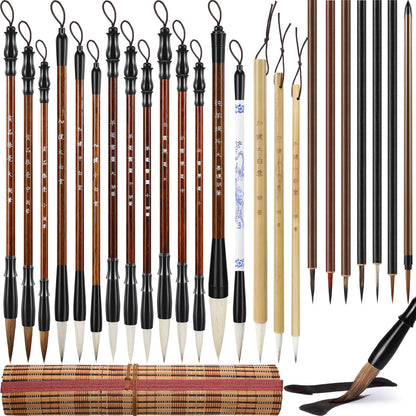 Resurhang 24 Pcs Chinese Calligraphy Brush Set Watercolor Brushes Bulk with Roll up Bamboo Brush Holder Writing Drawing Brushes for Kanji, Japanese Sumi, Drawing, Writing, Painting, Art Supplies
