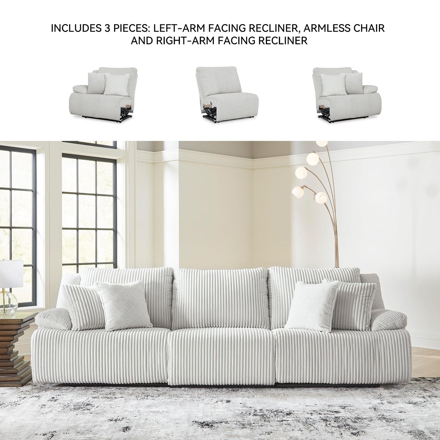 Signature Design by Ashley Top Tier Coastal 3-Piece Reclining Sectional Sofa with 4 Accent Pillows, Light Gray