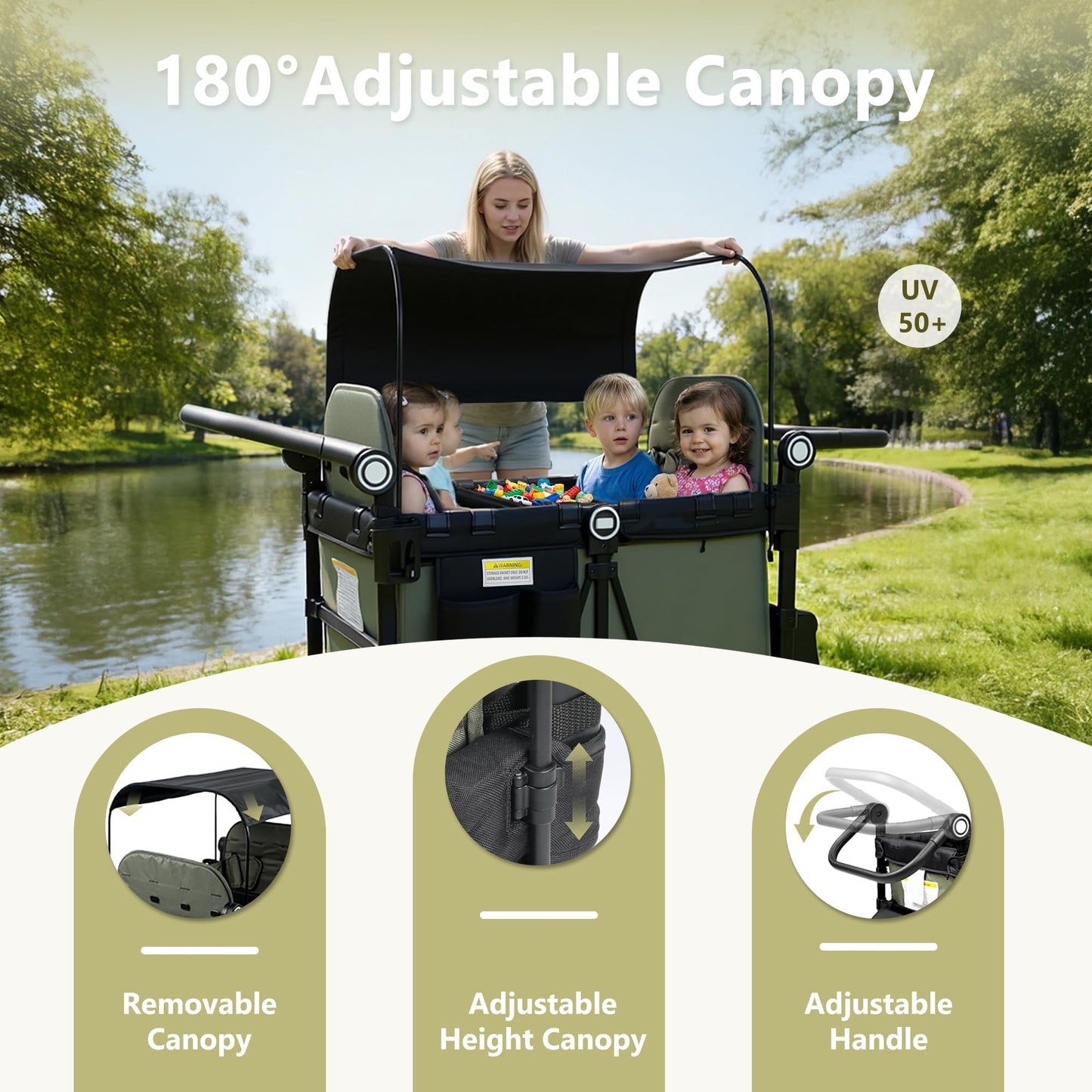 Kinder King Wagon Stroller for 4 Kids, All-Terrain Foldable Outdoor Stroller Wagon 4 Seater, Removable Canopy, Adjustable Handle, Detachable Tray, Large Storage, Green