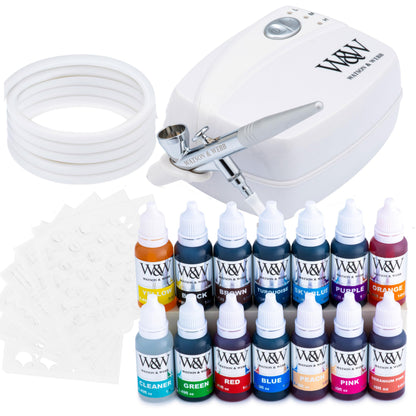 Watson & Webb Foundation Selection - 17pcs Cake Airbrush Decorating Kit - Inc Professional 3 Speed Mains Powered Spray Gun, 13 Vibrant Colours, and Tools - for Food, Cakes, Cookies & Baking