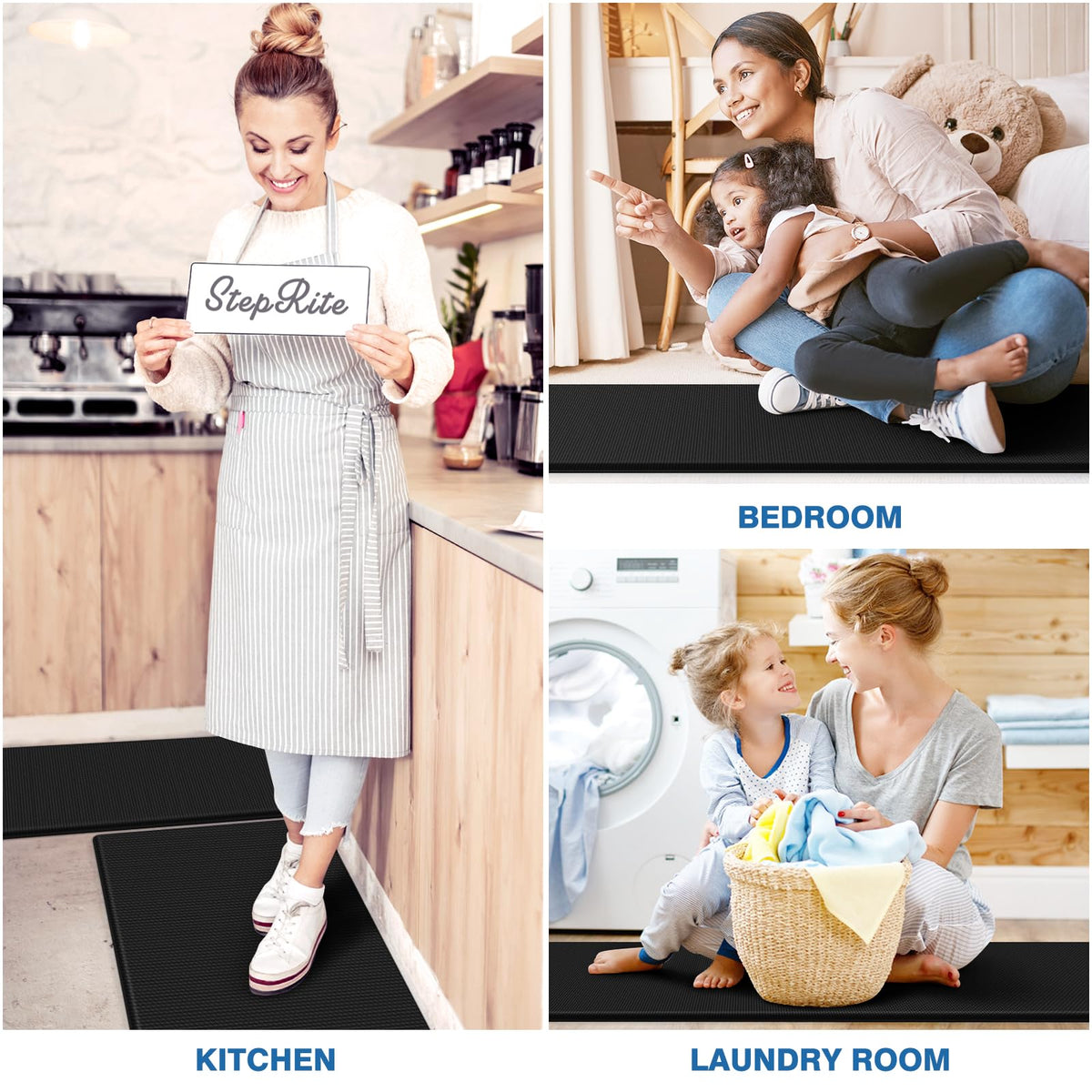 StepRite Kitchen Mats, 2PCS Kitchen Rugs, Cushioned Anti Fatigue Kitchen Mats for Floor, Non-Slip Standing Desk Mat, Waterproof Kitchen Rug Set for Kitchen, Floor, Office, 17.3"x30"+17.3"x47", Black