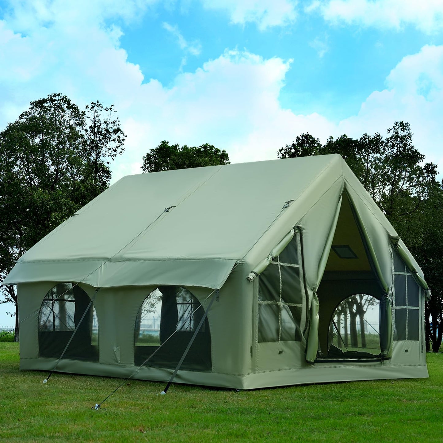 KNUO 2026 Upgraded Waterproof Inflatable Camping Tent for 5-8 People, Large Blow-Up Air Tent, No Assembly Needed Luxury Glamping House, 10x10ft Oxford Fabric,Green