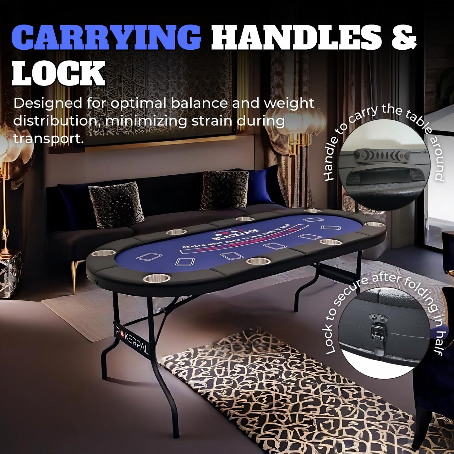 8 Player Poker Table with 2 Interchangeable Game mats, Texas Holdem and Blackjack, Collapsible Casino Table with Padded Rails and XXL Cup Holders for Wine and Whiskey Glasses, (71 in) - Burgundy