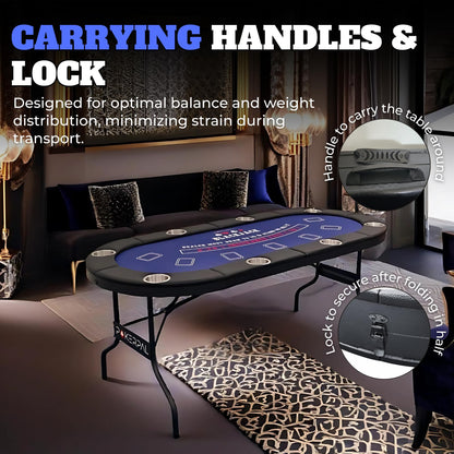 8 Player Poker Table with 2 Interchangeable Game mats, Texas Holdem Poker and Blackjack, Collapsible Casino Table with Padded Rails and XXL Cup Holders for Wine and Whiskey Glasses, (71 in) - Blue
