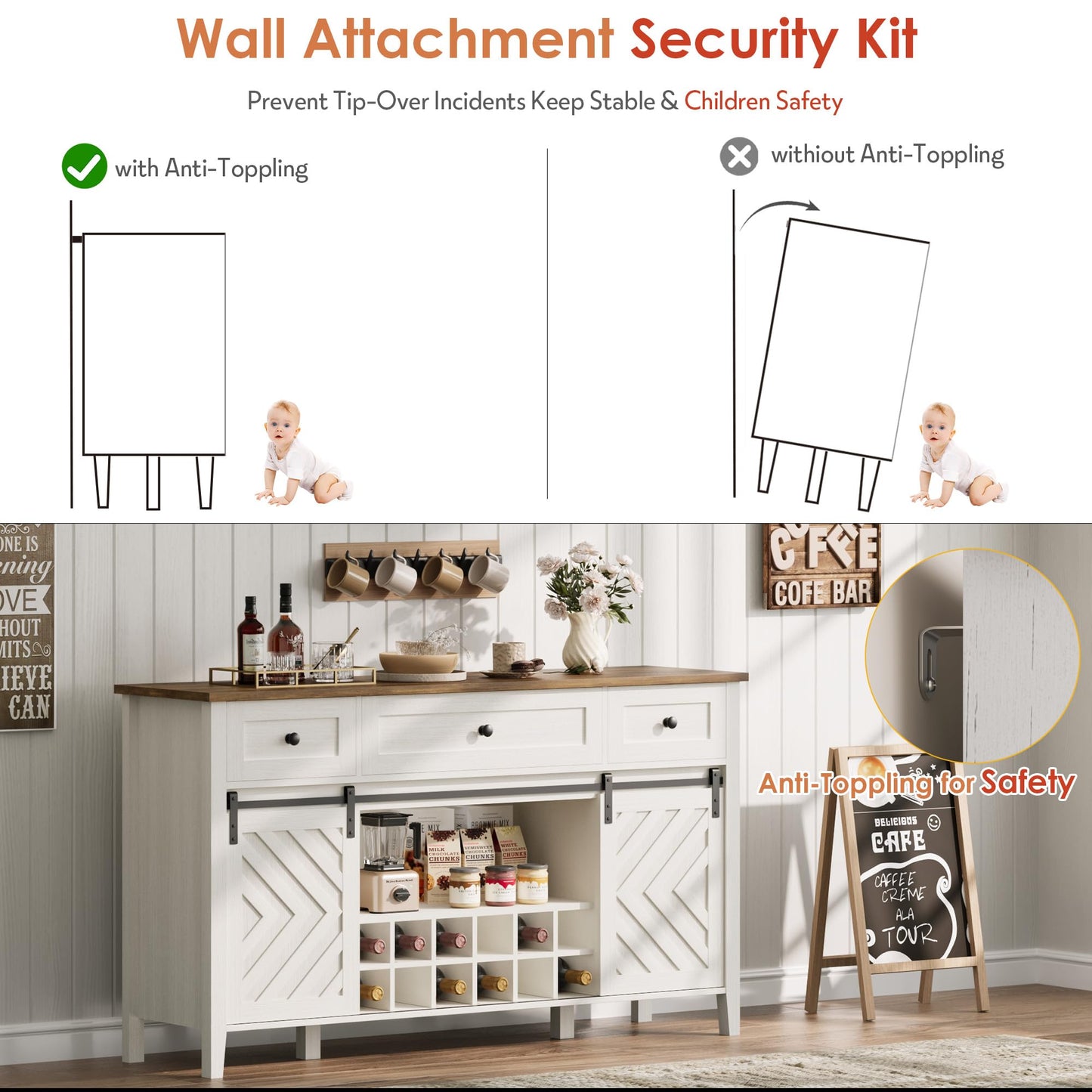 IDEALHOUSE 59'' Farmhouse Buffet Cabinet with Sliding Barn Door, 33.4'' Tall Wood Rustic Sideboard with 3 Drawer, Adjustable Shelf and Removable Wine Rack for Dining Room, Kitchen, White