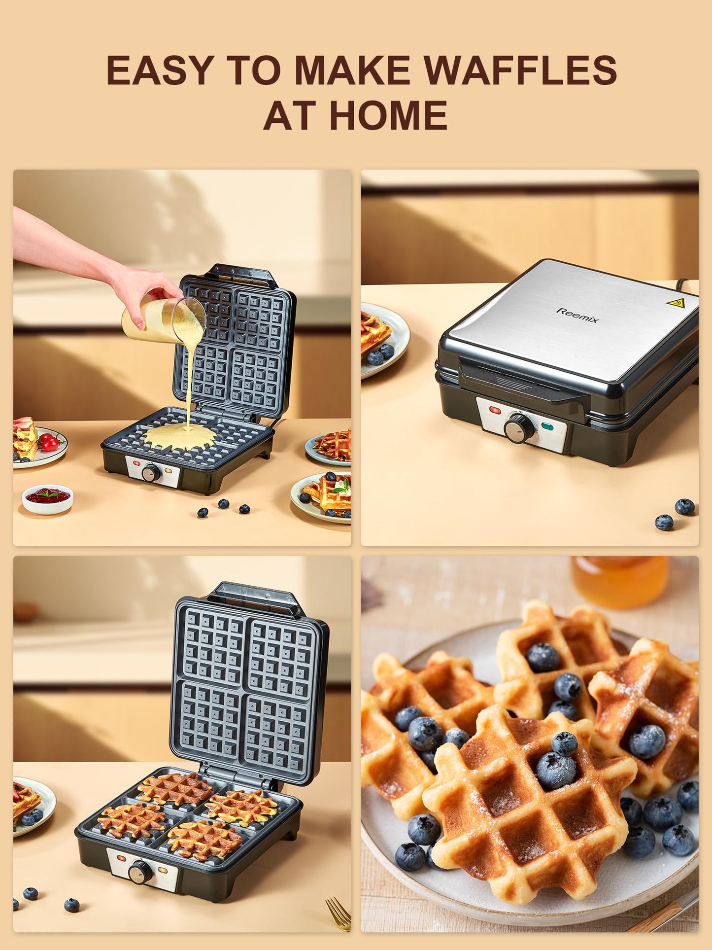 Belgian Waffle Maker 4 Slices, 1200W Waffle Iron, Anti-Overflow Waffle Iron with Browning Knob, Nonstick Plates, Indicator Lights, Silver/Black (Black, Silver)