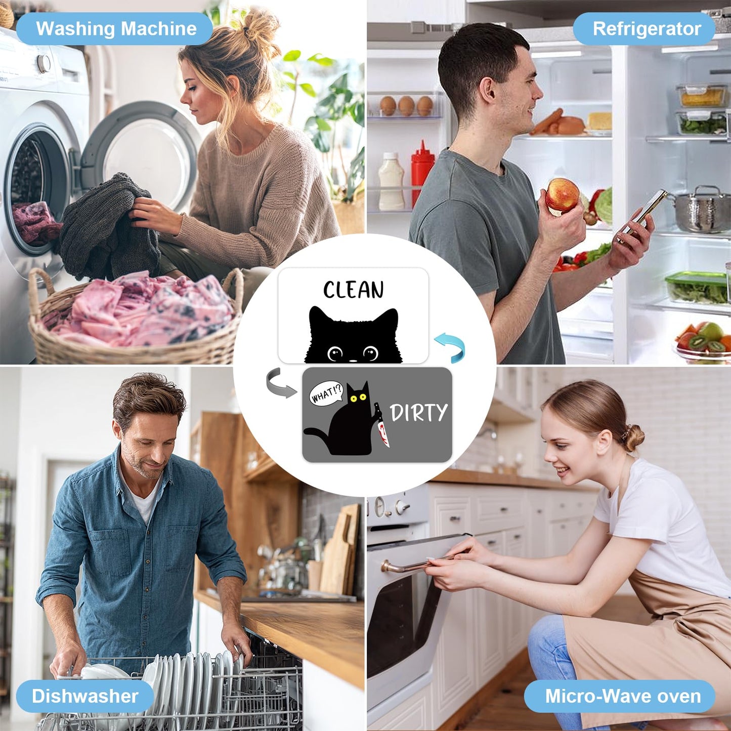 Funny Black Cat Cartoon Clean Dirty Dishwasher Magnet, Washing Machine Magnets Flip, Cute Cat Refrigerator Clean Dirty Sign, Double Sided Reversible Non Scratch Dish Washer Magnet Sign (White&Gray)
