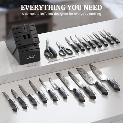 Amorston 22 Pieces Knife Set, Laser Engraved High Carbon Stainless Steel Knife Block Set, Full Tang Professional Kitchen Knife Set with Built-in Sharpener, Mothers Day Gifts for Kitchen