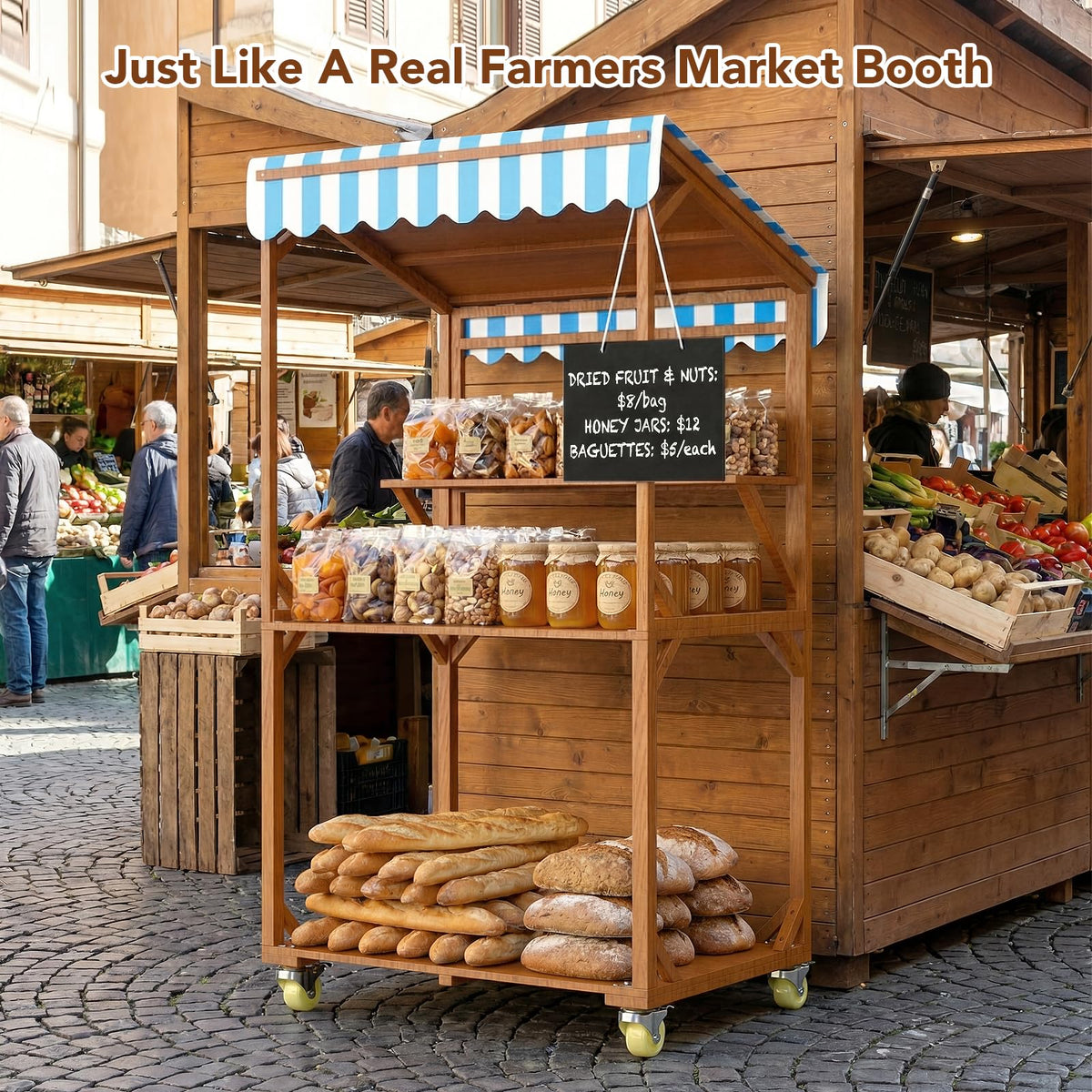 SUNRISELAND Wooden Farm Stand Cart, Solid Wood Farmers Market Stand with Wood Roof, Heavy Duty Display Table with Lockable Wheels, for Events & Small Business, Light Brown