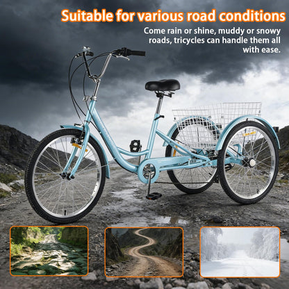 Adult Tricycle 7 Speed, 24 Inch 3 Wheel Trike Load 550lb,with Rear Basket,for Women，Seniors Picnic Exercise Shopping (Blue)