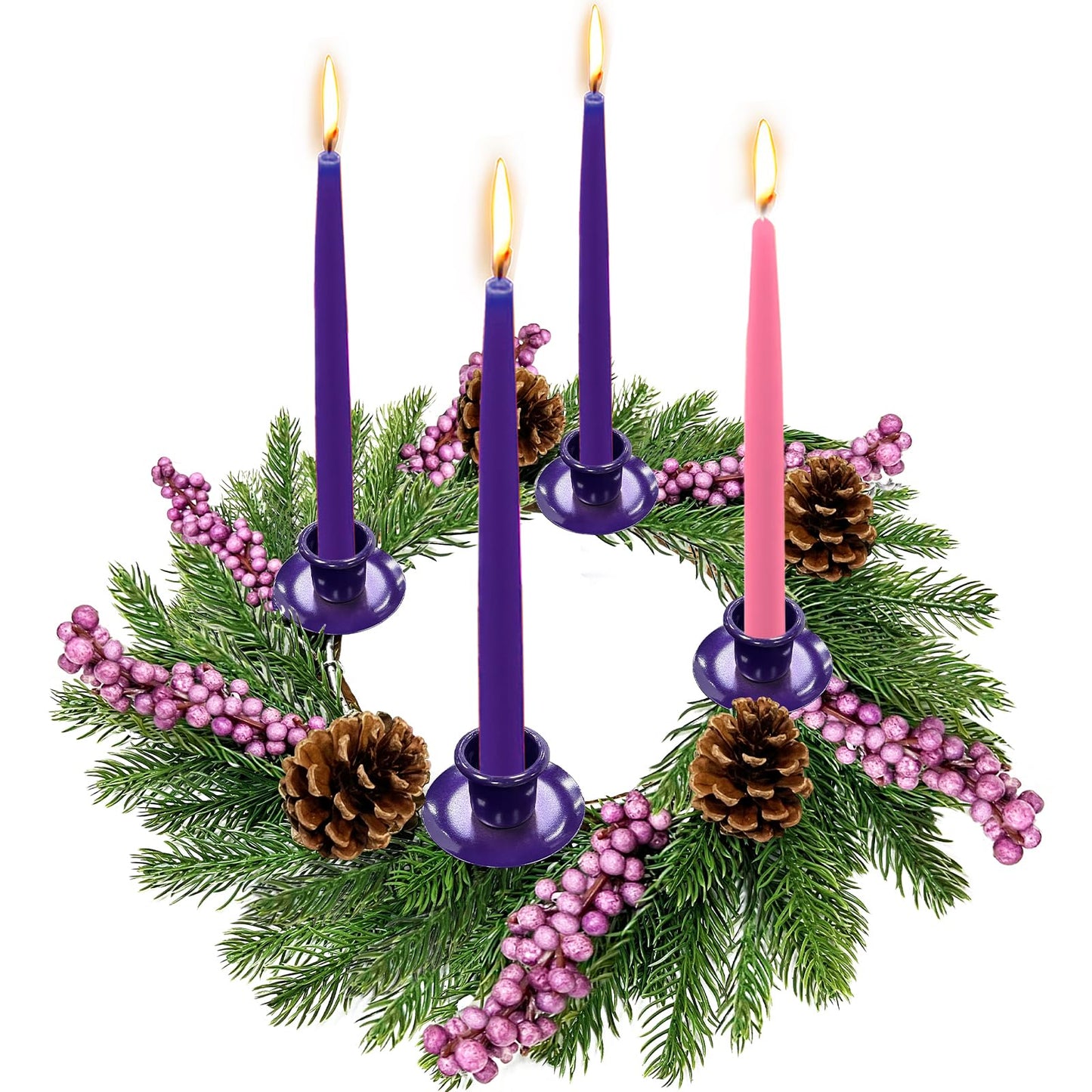 [ Safety Fire Retardant ] Christmas Advent Wreath, Purple Christmas Wreaths with 4 Candle Holder 4 Pinecones 6 Berry Christmas Centerpieces Decorations for Advent Church Table Holiday Home(No Candles)