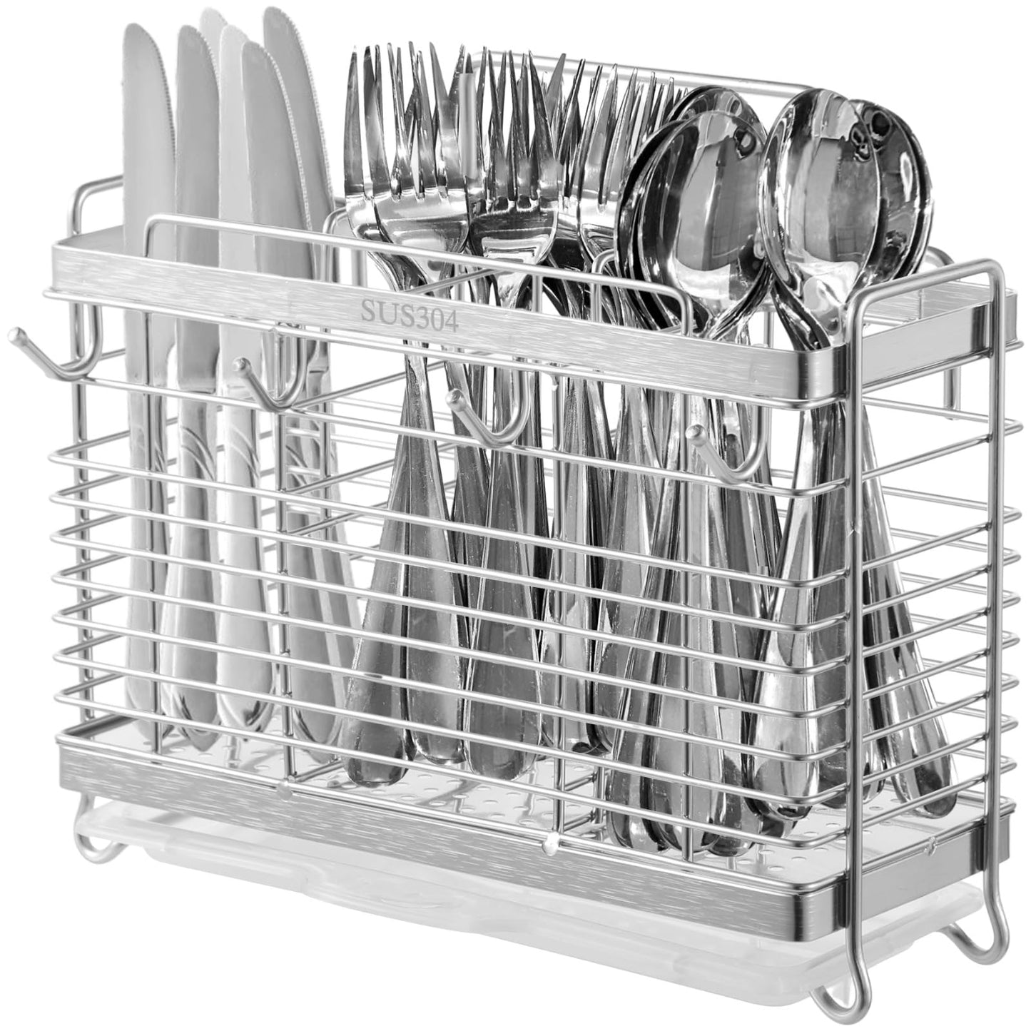 OMISTAR Silverware Drying Rack - Metal Basket, 3 Compartments Stainless Steel Wire Holder, Kitchen Countertop Organizer with 4 Hooks for Forks, Spoons, Chopsticks