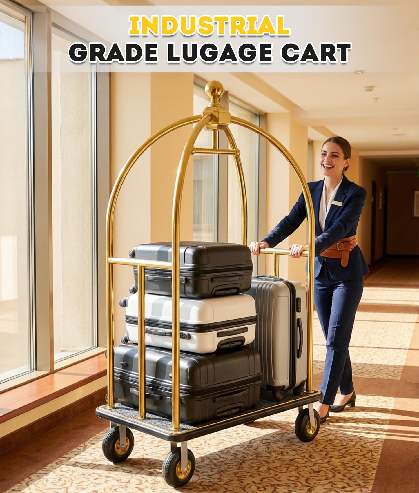 Hotel Luggage Cart, 1300LBS Load Capacity Bellman's Cart with 8" Wheels, Brushed Stainless Steel Commercial Grade Hotel Luggage Trolley with Grey Carpeted Deck for Hotels (Gold/42''L x 26''W x 74''H)