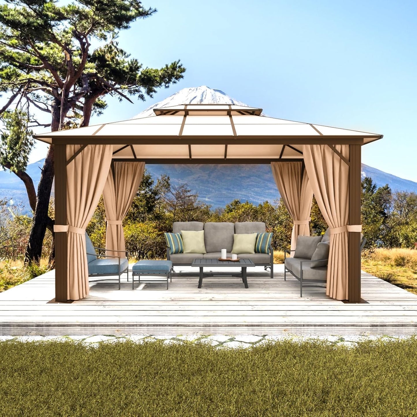 Hardtop Gazebo, Aluminum Frame Permanent Pavilion with Curtains and Netting, Outdoor Polycarbonate Gazebo, Double Roof Canopy, for Gardens, Patios, Lawns 10x12FT