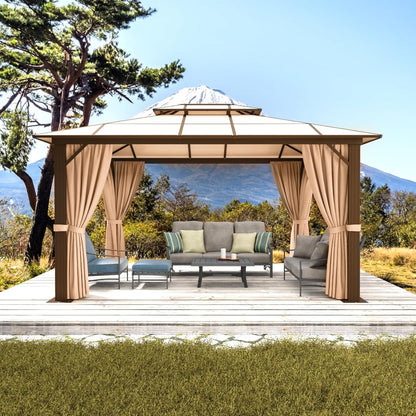 Hardtop Gazebo, Aluminum Frame Permanent Pavilion with Curtains and Netting, Outdoor Polycarbonate Gazebo, Double Roof Canopy, for Gardens, Patios, Lawns 10x12FT