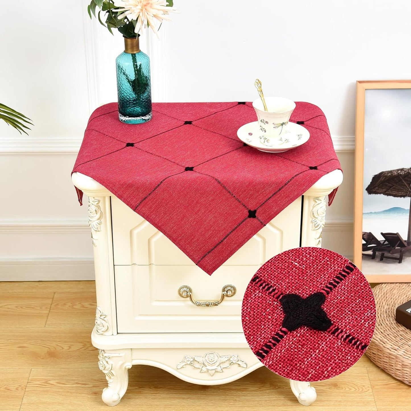 24 24 inch NEWISHER Farmhouse Embroidered Plaid Tablecloth Lattice Fabric Bedside Table Cloth Rustic Checkered Red