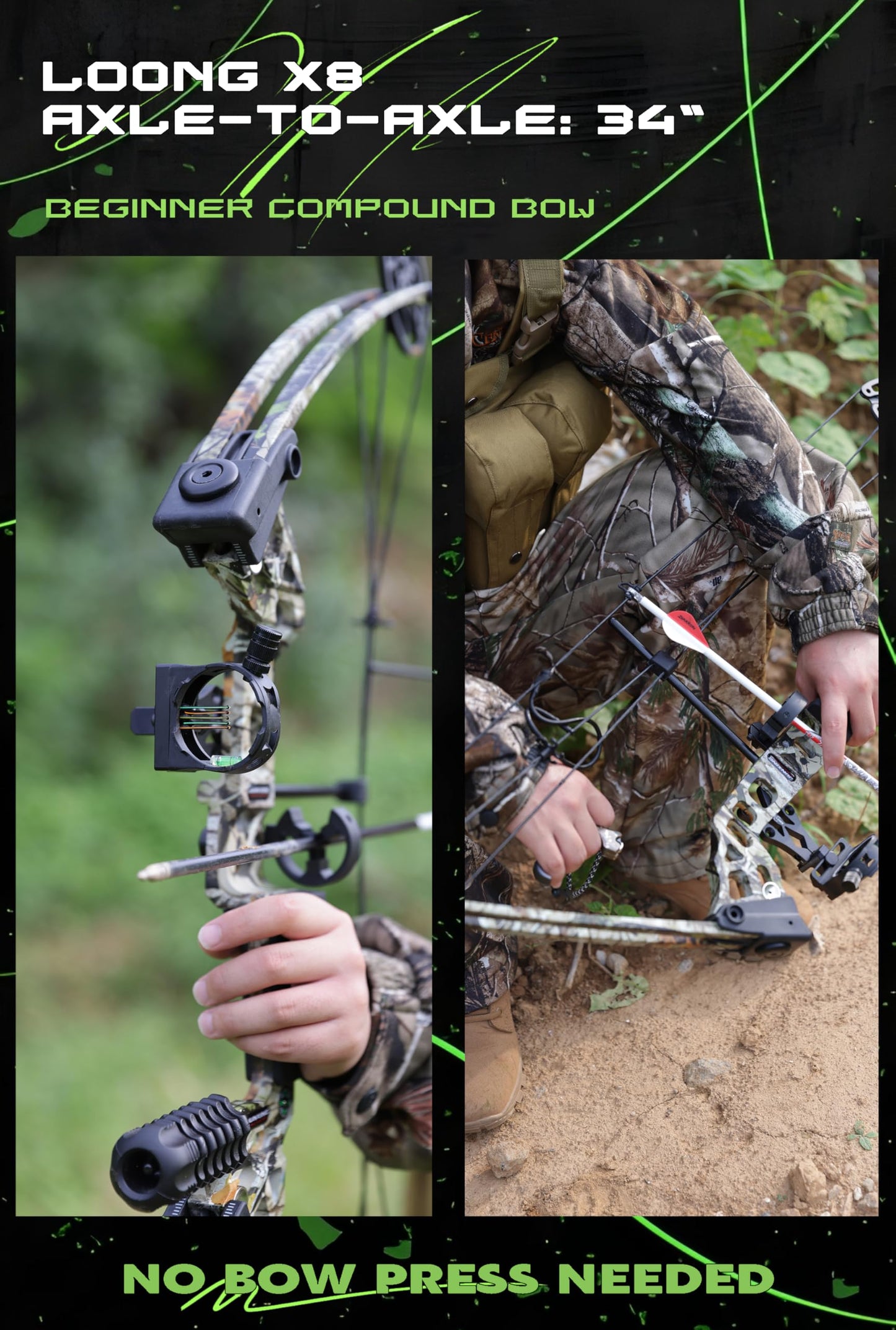 Compound Bow Kit, Hunting & Targeting, Gordon's Limb Made in USA, Draw Weight 20-70 lbs Adjustable, Draw Length 24”-29.5",up to IBO 320FPS Speed, Package with Archery Hunting (Black, Right Hand)