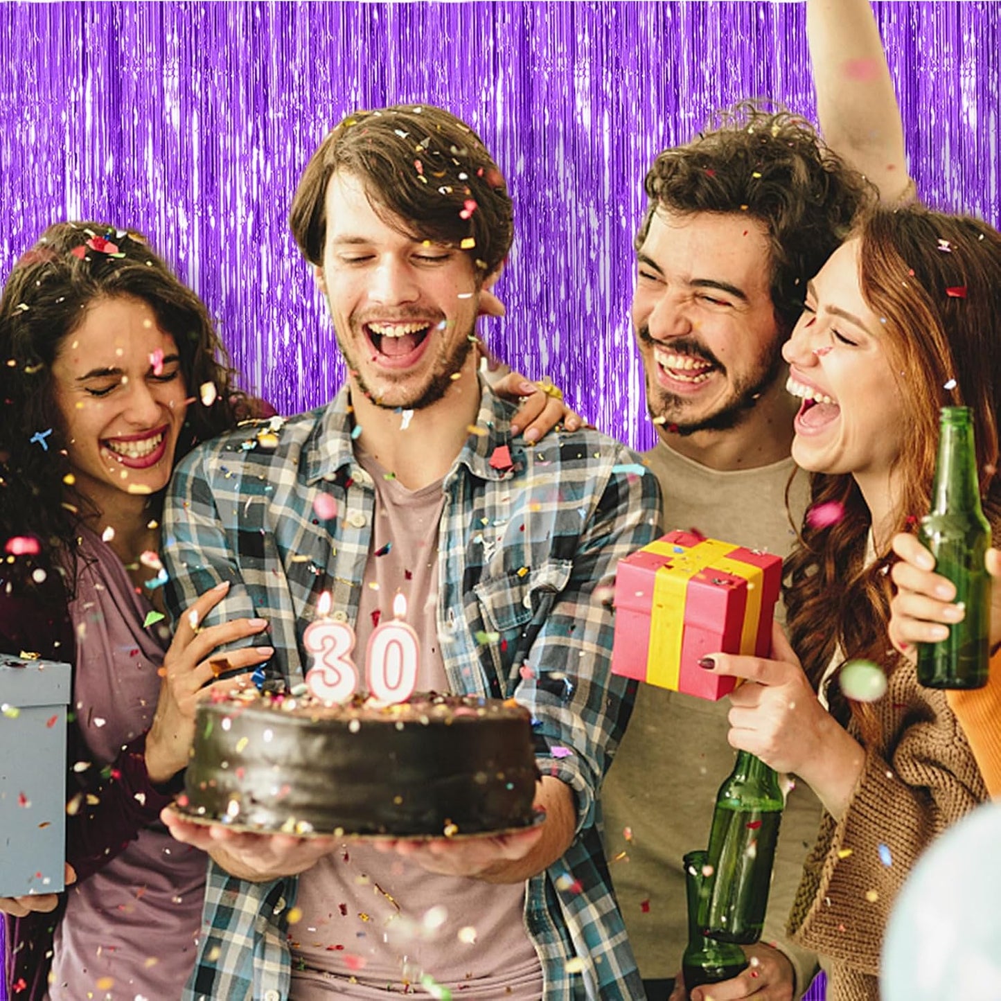 Skiennix Foil Curtain Backdrop - Purple Metallic Tinsel Fringe for Parties & Celebrations | 2 Pack