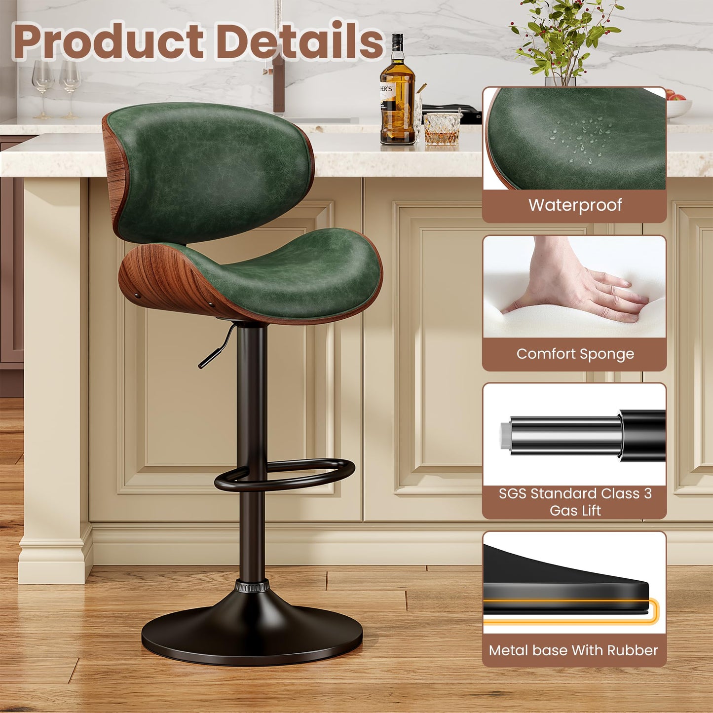 YaFiti Bar Stools Set of 4, Bentwood Adjustable Height Swivel Bar Stools, PU Leather Upholstered Bar Chair with Back and Footrest for Bar, Kitchen, Green