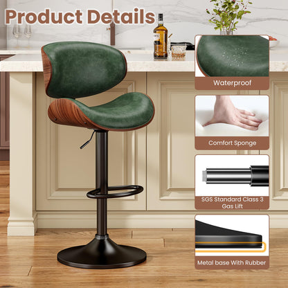 YaFiti Bar Stools Set of 4, Bentwood Adjustable Height Swivel Bar Stools, PU Leather Upholstered Bar Chair with Back and Footrest for Bar, Kitchen, Green