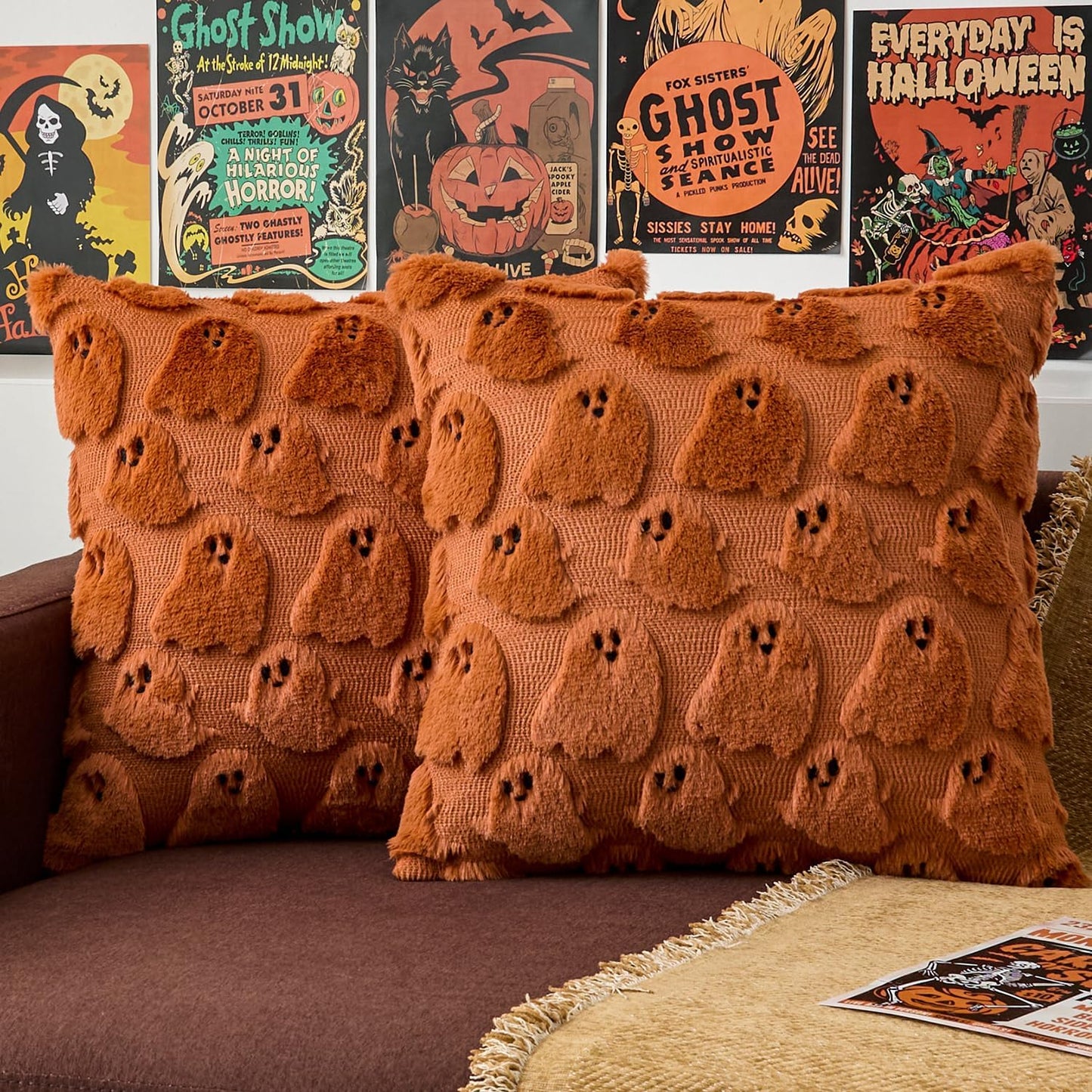20x20 Inch Set 2 Kevin Textile Halloween Throw Pillow Covers of Ghost Spooky Faux Fur Pillow Covers Soft Fluffy Plush