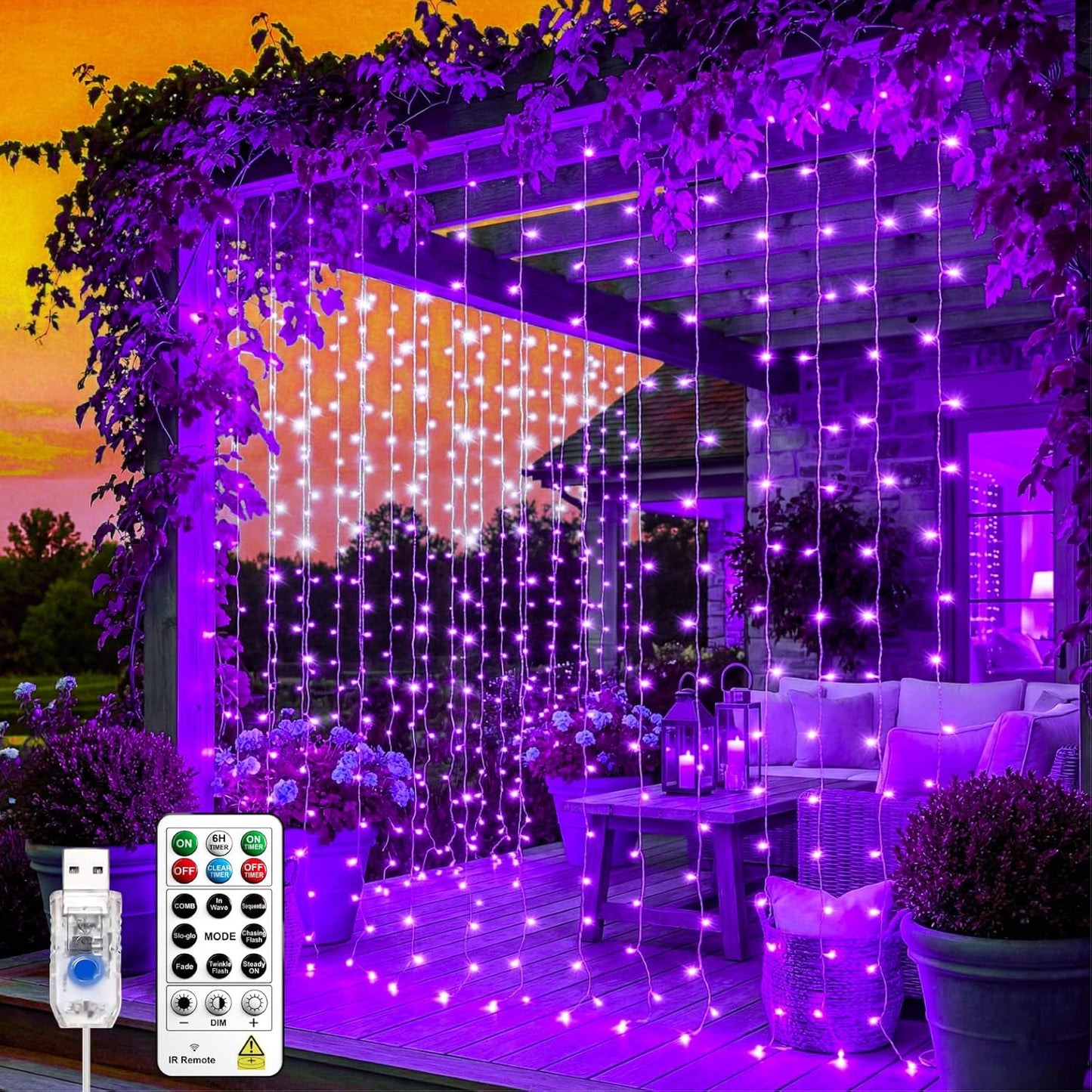200LED 6.6x6.6ft 8 Curtain Light for Bedroom, Purple Window Wall Hanging Fairy Curtain String Light, Modes Remote Fairy