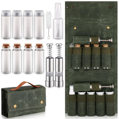TOBWOLF Portable Spice Bag for Travel, Camping Spice Kit with 8 Jars, 2 Salt/Pepper Grinders, 1 Oil Spray, Foldable Canvas Seasoning Storage Bag, Condiment Container Set for Outdoor Picnic BBQ - Green