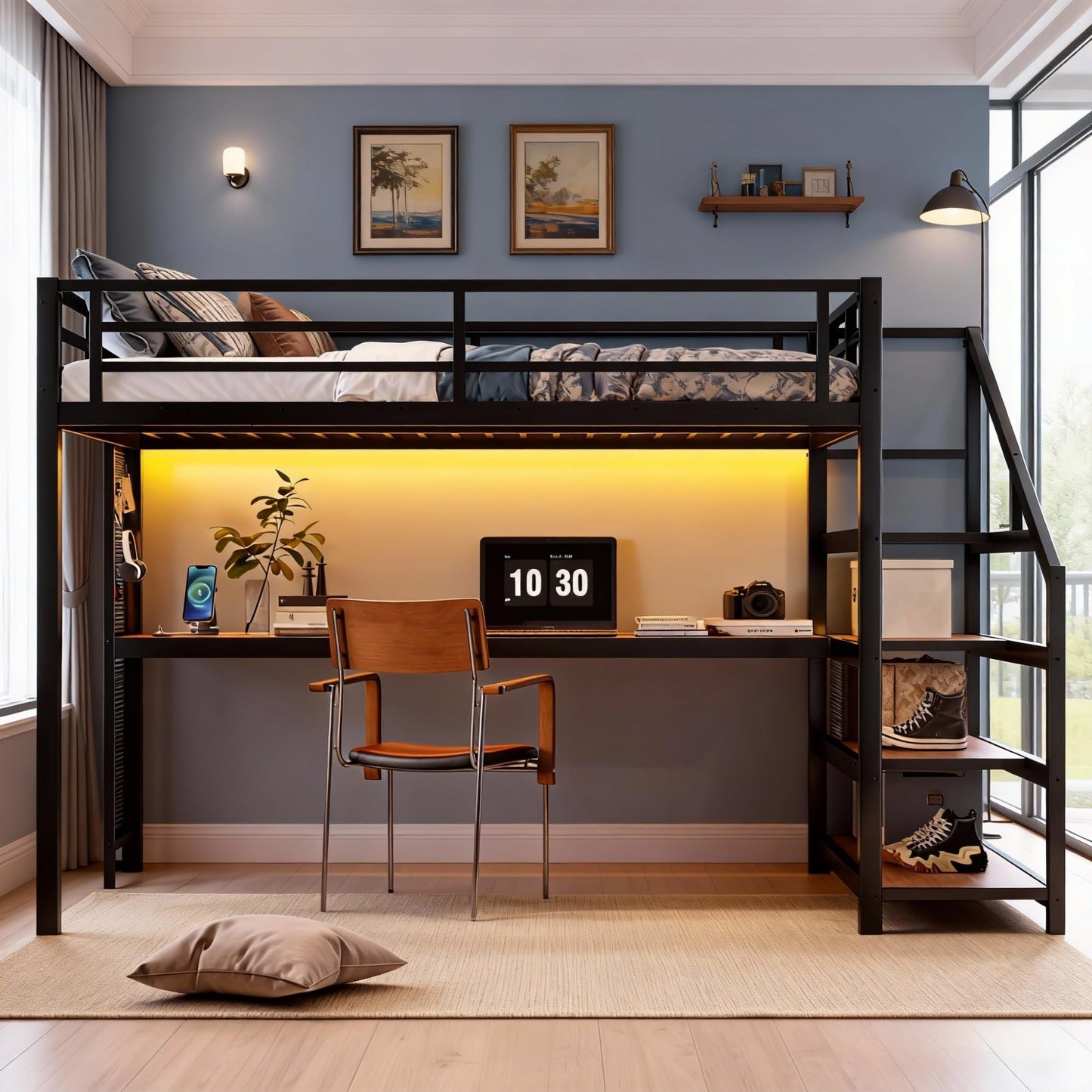 Queen Size Loft Bed with Desk and Storage Stairs, Metal Loft Bed Frame with LED Lights, Charging Station, and Multi-function Iron Nets, Loftbed for Kids, Teens, Adults, Noise-free, Black and Wood