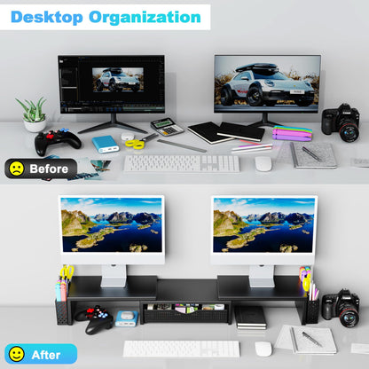 Spacrea Metal Desk Organizers and Accessories, Dual Monitor Stand Riser with Drawer and 2 Pen Holders, Book Racks, Desk Accessories & Workspace Desktop Organizers for Office Supplies (Black)