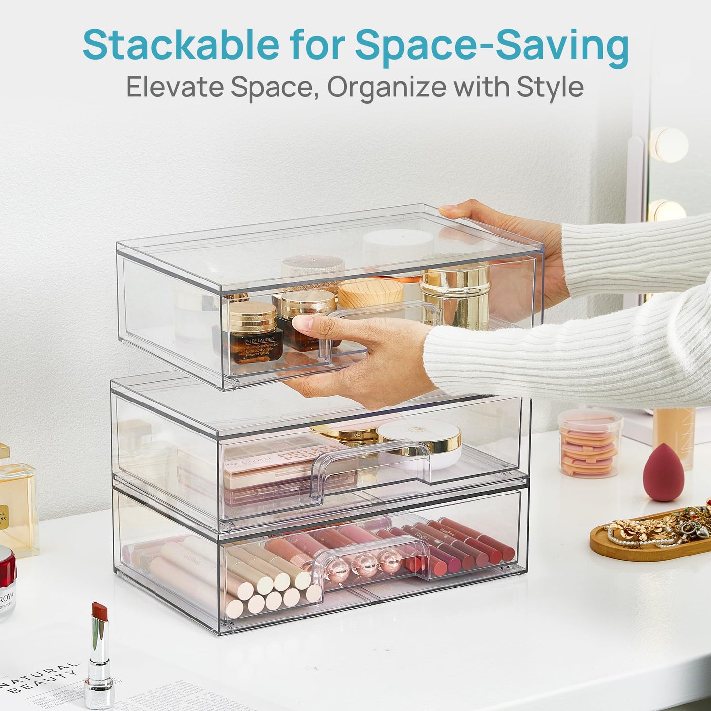 Vtopmart 12.1''W Clear Stackable Storage Drawers,4 Pack Acrylic Plastic Organizers Bins for Makeup Palettes, Cosmetics, and Beauty Supplies,Ideal for Vanity, Bathroom,Cabinet,Desk Organization