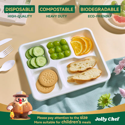 JOLLY CHEF Compostable 𝟱 Compartment Paper Plates 10*8.25*1 𝗶𝗻𝗰𝗵 [𝟭𝟮𝟱 𝗣𝗮𝗰𝗸] Small Heavy Duty Divided Disposable White Eco-Friendly Biodegradable Food Tray for School Lunch Dinner Christmas