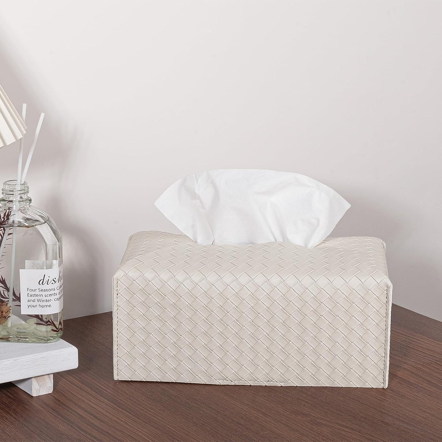 PU Leather Tissue Box Cover, Square Facial Tissue Holder, Griege Paper Organizer for Bathroom, Vanity, Tabletop, Car