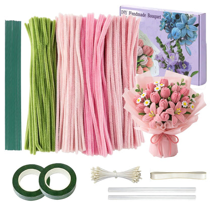 houlishu 400 Pcs Pipe Cleaners Craft Kit - 300 Pink 100 Green Chenille Stems with Floral Wires Stamens Ribbon Adhesive Tapes for DIY Flower Making