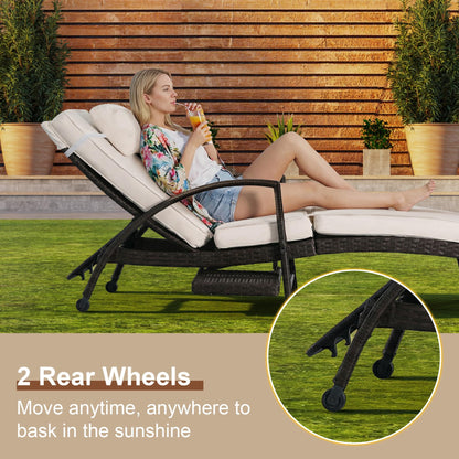 Chaise Lounge Chairs Set of 2, 6-Position Adjustable Outdoor Recliner with Side Table & Wheel,All-Weather PE Rattan Wicker Patio Lounge Chair With Removable Cushion for Poolside Backyard Beach (Beige)