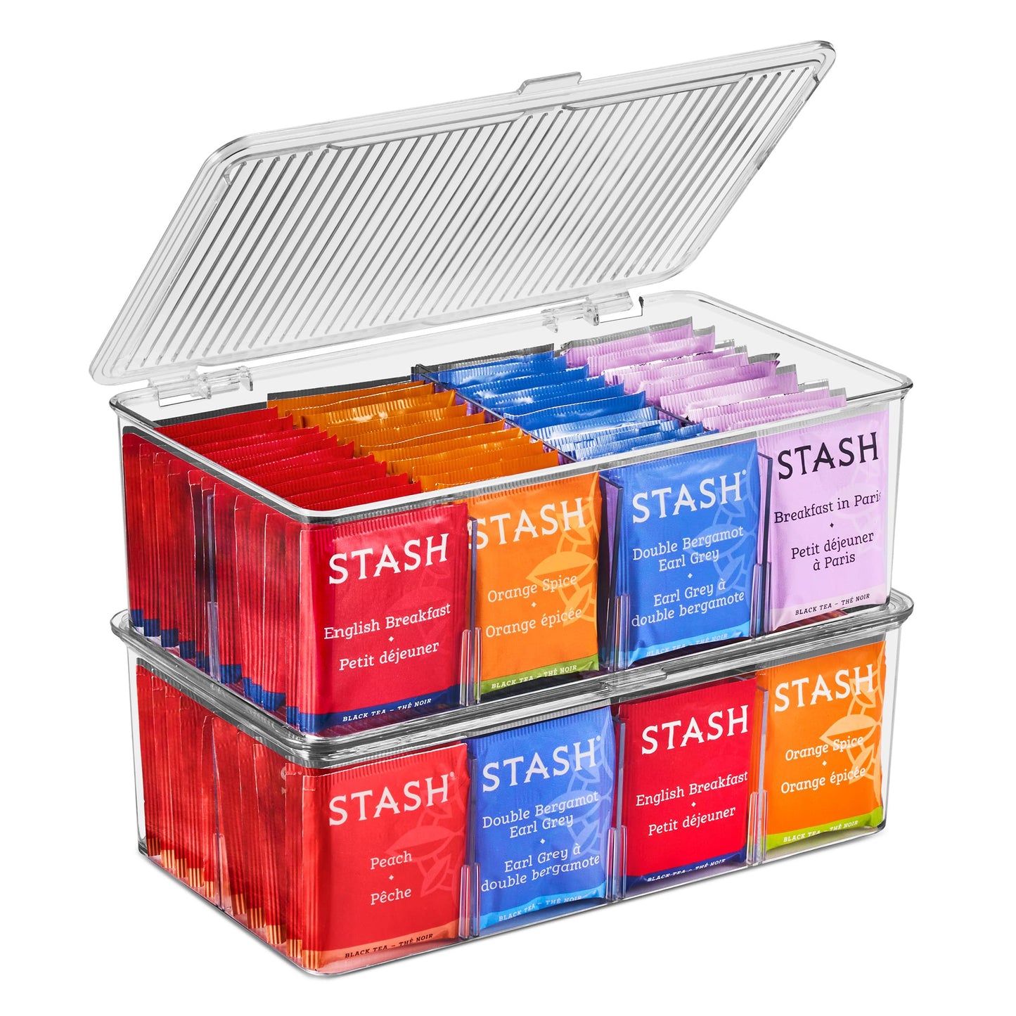 Sorbus 2 Pack Tea Bag Organizer Bins w/Lids & 4 Removable Dividers, Clear Plastic Food Packet Snack Organizer, Stackable Pantry Organization, Kitchen Storage, Fridge Bins, Sturdy Cabinet Organizers