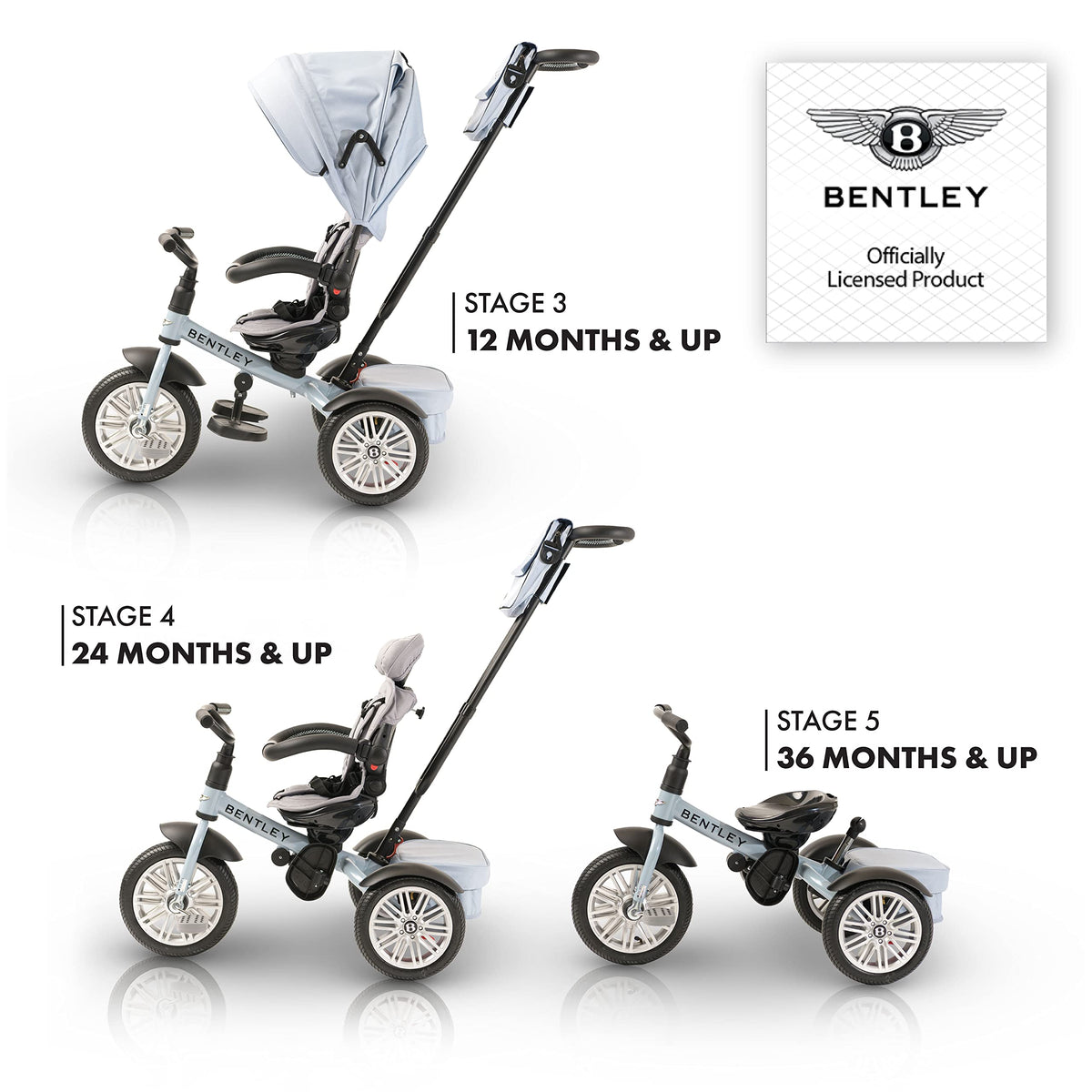 Bentley 6-in-1 Baby Stroller & Toddler Tricycle – Officially Licensed Luxury Kids Bike, Convertible Travel Strollers & Kid Trike with Air Wheels, Canopy & Safety Features (6m-5y+ | Jetstream Blue)