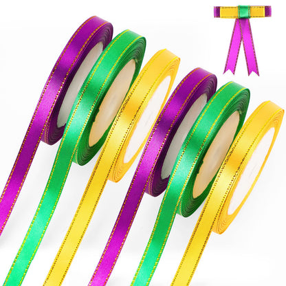6 Rolls 0.4 Inch Mardi Gras Ribbon Wide Satin 150 Yard Yellow Green Purple Thin Ribbon for Ornaments Metallic Glitter Ornament Festival Wired Fabric for Wrapping Mardi Gras Decor Party Supplies
