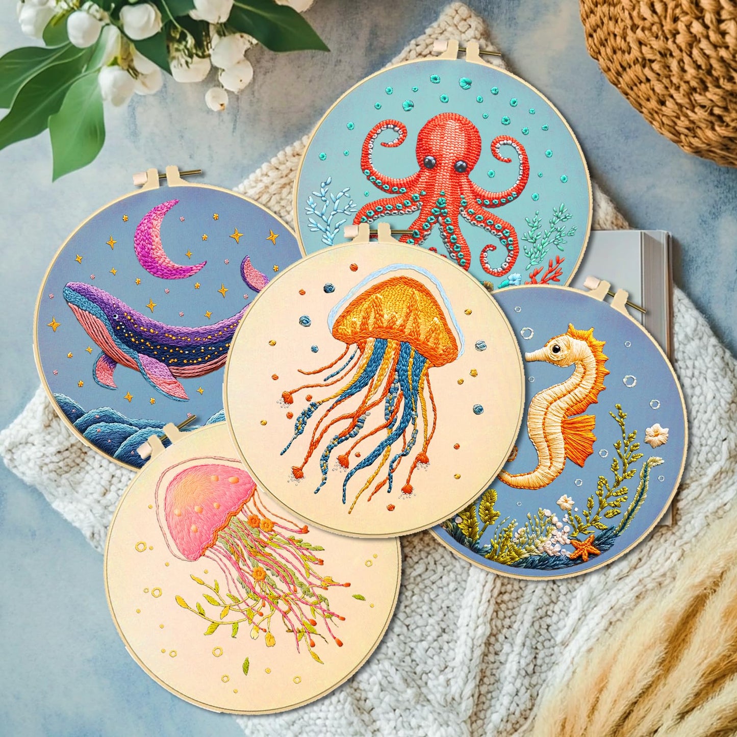 ACRNIGHEET 6PCS Embroidery Kit for Adults Beginners, Sea Animals Embroidery Starter Kit, Stamped Cross Stitch Kits for Crafts Lovers Gift Idea, Include Instructions 6 Stamped Embroidery Cloth 2 Hoop