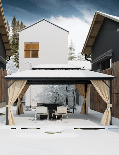 12x16 ft Hardtop Gazebo for All Weather, Double Metal Roof, Reinforced Aluminum Frame, Curtains & Netting, Permanent Outdoor Pavilion for Patio, Deck, Backyard, Lawn, Garden, Matte Black Finish