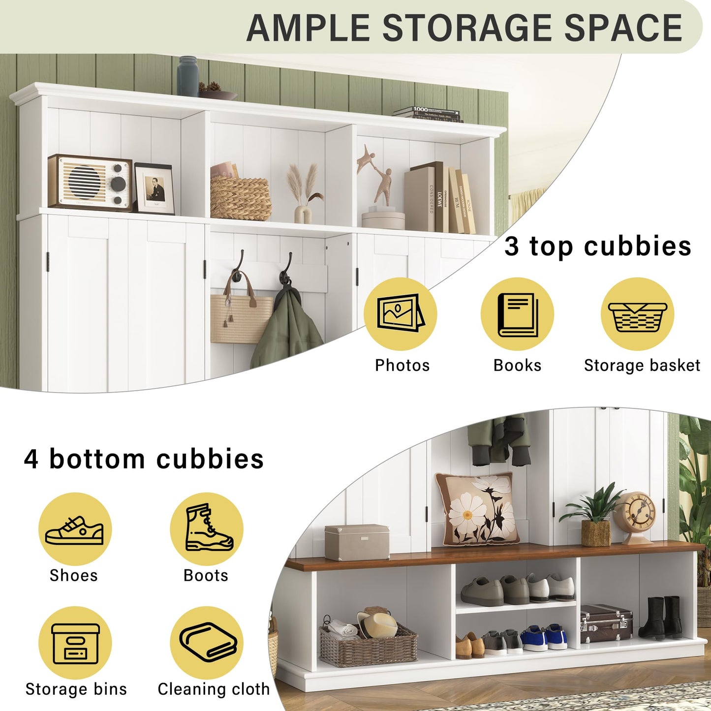 Amposei Farmhouse Hall Tree with Storage Cabinet & Shoe Bench, 78.7''H Tall Entryway Storage Organizer with 4 Doors, 7 Open Cubbies & 6 Coat Hooks for Hallway Mudroom Living Room, White
