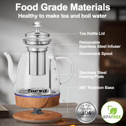 Topwit Electric Kettle Glass, For Hot Water, Tea and Coffee Dual Purpose Design, BPA-Free, 1L Pour Over Removable Stainless Steel Infuser, Auto-shut Off & Boil-dry Protect