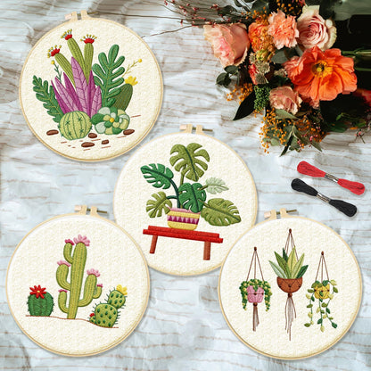 INFUNLY 4 Pack Tropical Plants Embroidery Kit for Beginners Adults Cactus Embroidery Starter Kit Punch Needle Embroidery Kits Palm Leaf Cross Stitch Kits with Patterns Instructions for DIY