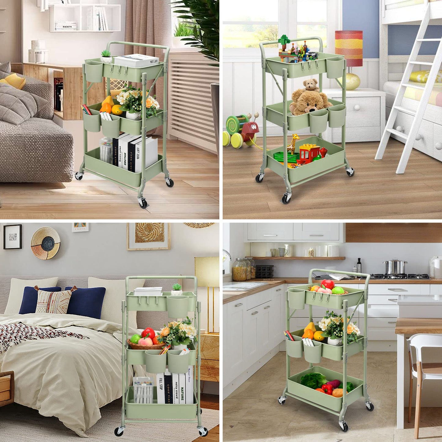 Foldable 3 Tier Rolling Cart, Metal Utility Cart, Folding Mobile Multi-Function Storage Trolley Organizer Cart for Home Library Office(Green)