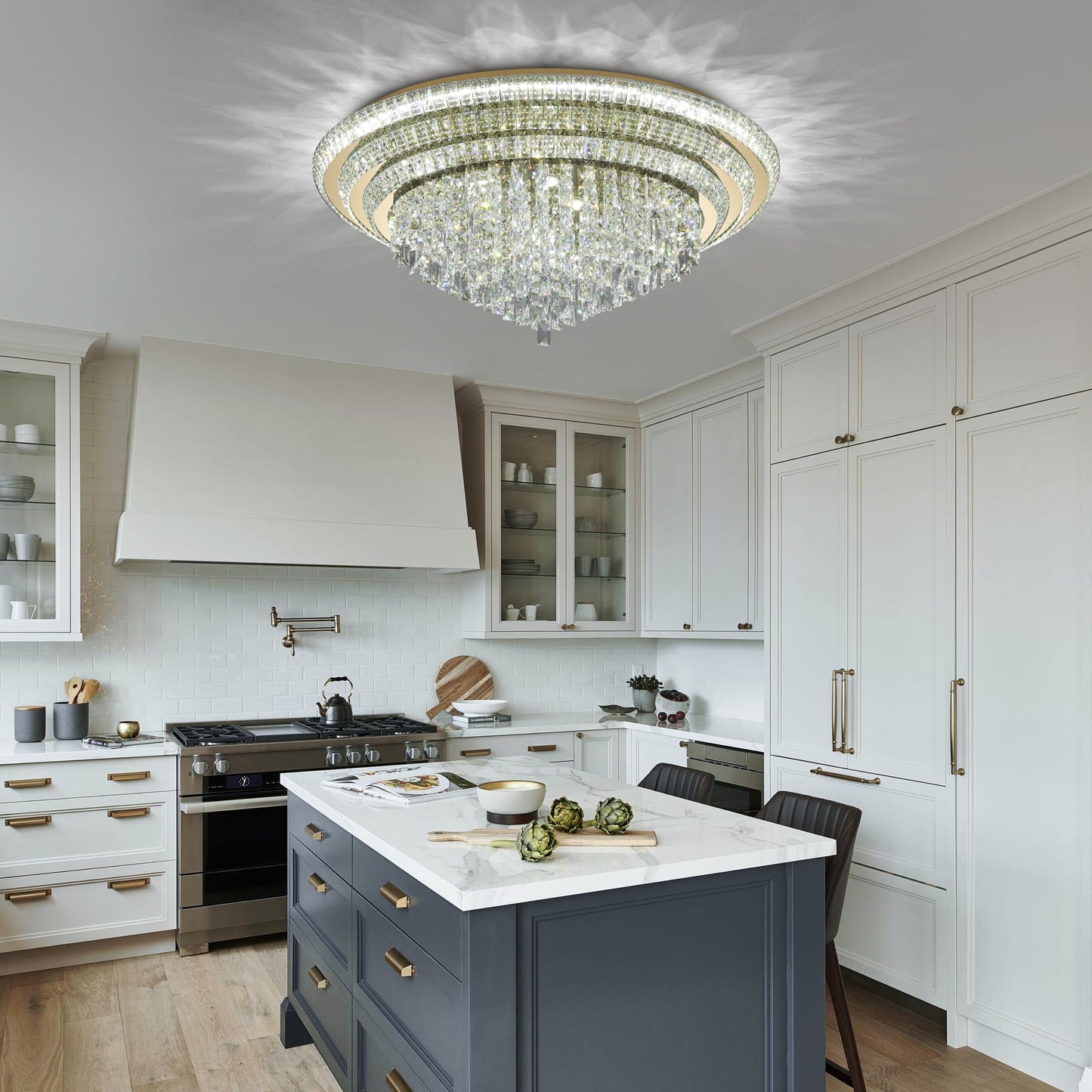 40 inch Flush Mount Crystal Chandeliers with Remote and APP Gold, Modern Elegant LED Crystal Raindrop Ceiling Light Fixture, 3CCT Dimmable, for Living Room Kitchen Island Bedroom Entryway Foyer