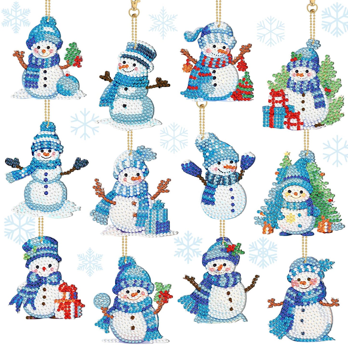 Ferraycle 12 Pcs Diamond Art Winter Ornaments Snowman Diamond Painting Kit DIY Art Keychains Winter Hanging Ornaments for Home Crafts Christmas Decorations(Blue)