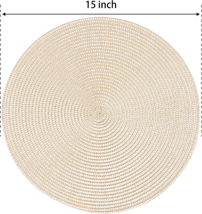 FunWheat Round Braided Placemats Set of 6, 15 inch Non-Slip Washable Table Mats for Dining Tables (Beige, 6pcs)