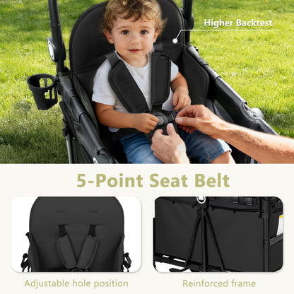 Kinder King Wagon Stroller for 2 Kids, All-Terrain Foldable Outdoor Stroller Wagon 2 Seater, Removable Canopy, Adjustable Handle, Shock-Absorbing Wheel, Detachable Tray, Large Storage, Black