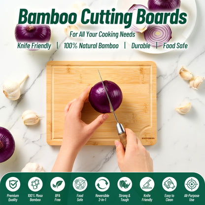 Bamboo Cutting Board Set of 3 – Wooden Kitchen Cutting Boards for Kitchen. Non-Toxic, Knife-Friendly, Durable Chopping Boards for Meat, Vegetables & Serving. Wood Cutting Board, Cutting Board Wood Set