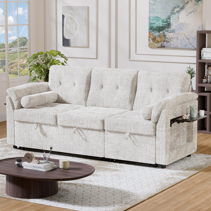 Trygoal Convertible Sleeper Sofa Bed, 63 Inch Chenille Pull Out Couch with Side Table & Adjustable Backrest, Sectional Sleeper Sofa with Pull Out Bed for Living Room, Apartment, Beige