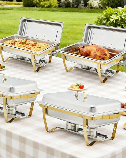 Garvee Chafing Dishes for Buffet Set of 2, 8QT Buffet Servers and Warmers Set with Lid & Foldable Frame, Rectangular Stainless Steel Chafer Food Warmer for Parties Wedding Catering Supplies, Gold